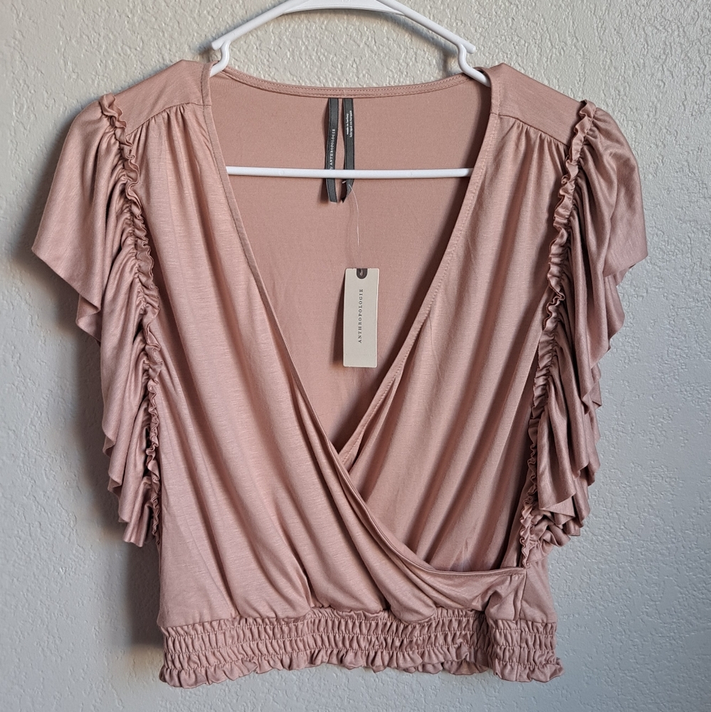 Anthropologie Blush Pink Ruffle-Sleeve Wrap Top - Picture 3 of 9